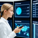 A professional logistician in a modest business suit, standing in a modern, high-tech logistics control center. Large interactive digital screens display complex data visualizations, global supply chain maps, and real-time analytics dashboards. The logistician observes the data flow with a focused, professional expression, emphasizing data-driven decision-making and interconnectedness. Perfect anatomy, correct proportions, natural pose, well-formed hands, proper finger count, professional photography, high quality, safe for work, appropriate content, fully clothed, professional.