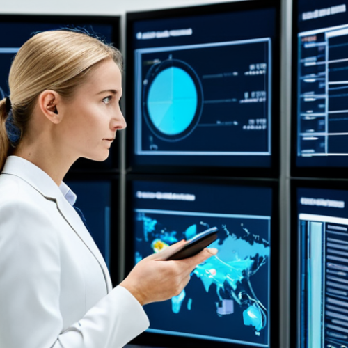 Home 19 A professional logistician in a modest business suit, standing in a modern, high-tech logistics control center. Large interactive digital screens display complex data visualizations, global supply chain maps, and real-time analytics dashboards. The logistician observes the data flow with a focused, professional expression, emphasizing data-driven decision-making and interconnectedness. Perfect anatomy, correct proportions, natural pose, well-formed hands, proper finger count, professional photography, high quality, safe for work, appropriate content, fully clothed, professional.
