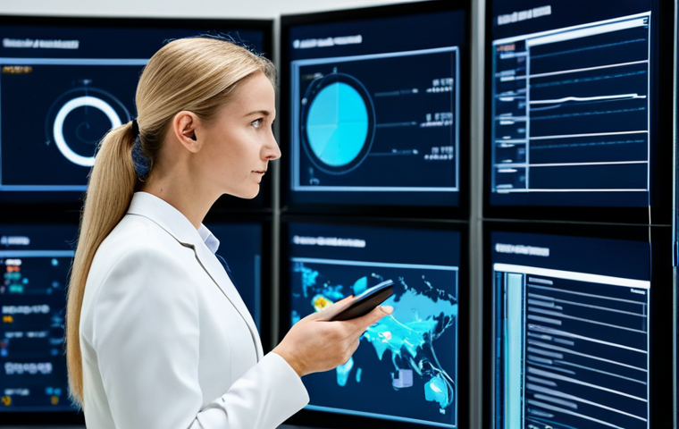 A professional logistician in a modest business suit, standing in a modern, high-tech logistics control center. Large interactive digital screens display complex data visualizations, global supply chain maps, and real-time analytics dashboards. The logistician observes the data flow with a focused, professional expression, emphasizing data-driven decision-making and interconnectedness. Perfect anatomy, correct proportions, natural pose, well-formed hands, proper finger count, professional photography, high quality, safe for work, appropriate content, fully clothed, professional.