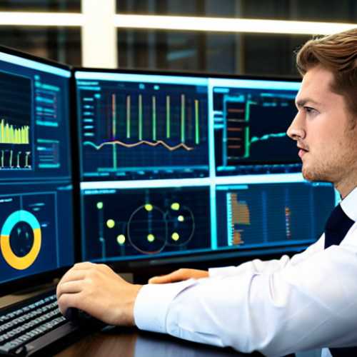 Home 18 A focused young male professional in a modest business suit, sitting at a desk in a cutting-edge logistics operations center. Multiple large monitors in front of him display intricate real-time data visualizations: complex graphs, dynamic route maps, and detailed logistical information. His expression is one of deep concentration and excitement as he interacts with the digital interface. The office is clean, well-lit, and futuristic, emphasizing technological sophistication. Perfect anatomy, correct proportions, natural pose, well-formed hands, proper finger count, natural body proportions, fully clothed, modest clothing, appropriate attire, professional dress, safe for work, appropriate content, professional photography, high quality.