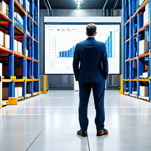 Home 17 A professional male logistics expert in a modest business suit, standing confidently in a brightly lit, futuristic automated warehouse. Robotic arms and autonomous guided vehicles (AGVs) are efficiently moving packages in the background, creating dynamic lines of motion. The man is observing the operation on a large transparent data screen, which displays real-time inventory and movement statistics with a clean, minimalist user interface. The scene emphasizes efficiency, precision, and the integration of technology. fully clothed, appropriate attire, safe for work, professional, perfect anatomy, correct proportions, natural pose, well-formed hands, proper finger count, natural body proportions, professional photography, high quality.