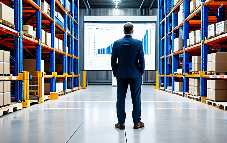 A professional male logistics expert in a modest business suit, standing confidently in a brightly lit, futuristic automated warehouse. Robotic arms and autonomous guided vehicles (AGVs) are efficiently moving packages in the background, creating dynamic lines of motion. The man is observing the operation on a large transparent data screen, which displays real-time inventory and movement statistics with a clean, minimalist user interface. The scene emphasizes efficiency, precision, and the integration of technology. fully clothed, appropriate attire, safe for work, professional, perfect anatomy, correct proportions, natural pose, well-formed hands, proper finger count, natural body proportions, professional photography, high quality.