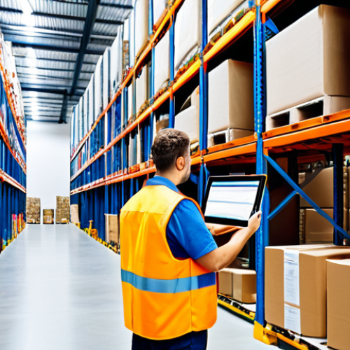 Home 8 Modern Warehouse Management**
"A bright and organized warehouse scene, featuring workers in appropriate safety vests using handheld scanners and tablets to manage inventory. Shelves are neatly stocked with various products. Conveyor belts move packages efficiently. The scene depicts a smooth and automated process. Focus on technology integration, such as barcode readers and digital displays. Safe for work, appropriate content, fully clothed, professional, perfect anatomy, natural proportions, well-formed hands, proper finger count, family-friendly, high resolution, realistic."
**