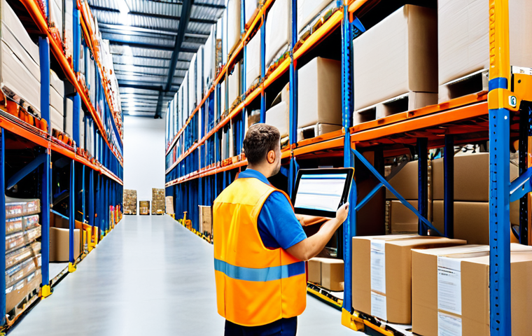 Modern Warehouse Management**
"A bright and organized warehouse scene, featuring workers in appropriate safety vests using handheld scanners and tablets to manage inventory. Shelves are neatly stocked with various products. Conveyor belts move packages efficiently. The scene depicts a smooth and automated process. Focus on technology integration, such as barcode readers and digital displays. Safe for work, appropriate content, fully clothed, professional, perfect anatomy, natural proportions, well-formed hands, proper finger count, family-friendly, high resolution, realistic."
**