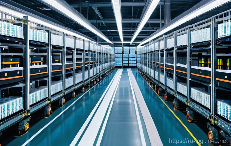 물류정보관리사 직업 전망과 트렌드 - A vast, futuristic, and impeccably organized automated logistics warehouse in Russia. Mobile robots,...