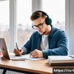 Home 22 물류정보관리사 자격증 시험 대비 시간 관리 방법 - A cozy study room scene with a young adult Russian student sitting at a large wooden desk near a win...
