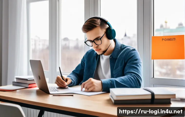 물류정보관리사 자격증 시험 대비 시간 관리 방법 - A cozy study room scene with a young adult Russian student sitting at a large wooden desk near a win...