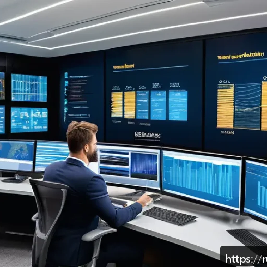 물류정보관리사 실무에서 요구되는 역량 - A modern logistics control room with multiple large digital screens displaying complex data visualiz...