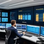 Home 18 물류정보관리사 실무에서 요구되는 역량 - A modern logistics control room with multiple large digital screens displaying complex data visualiz...