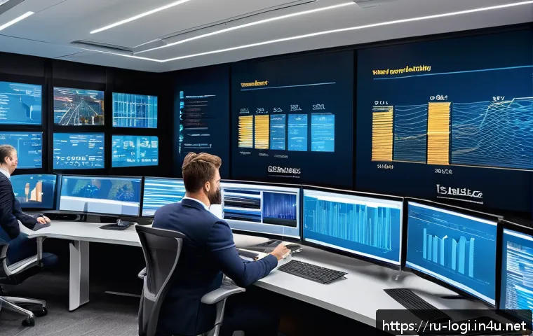 물류정보관리사 실무에서 요구되는 역량 - A modern logistics control room with multiple large digital screens displaying complex data visualiz...