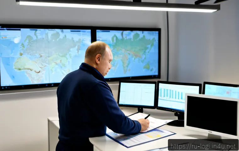 Home 17 물류정보관리사와 국제 인증의 필요성 - Photorealistic modern logistics control room in Russia, a middle-aged supply chain manager reviewing...