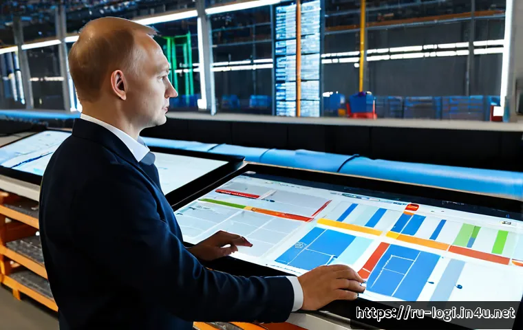 물류정보관리사와 인공지능 AI  물류 솔루션 - Photorealistic modern Russian logistics control room, a middle-aged logistics information manager st...